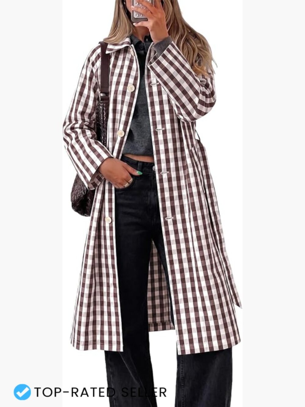 Reversible Plaid Trench Coat Button Down Long Overcoat with Belt